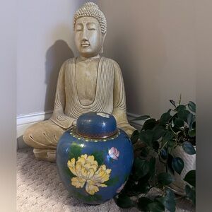 Vintage Chinese Cloisonné Ginger Jar with Lid – Blue Peony Floral 9” H